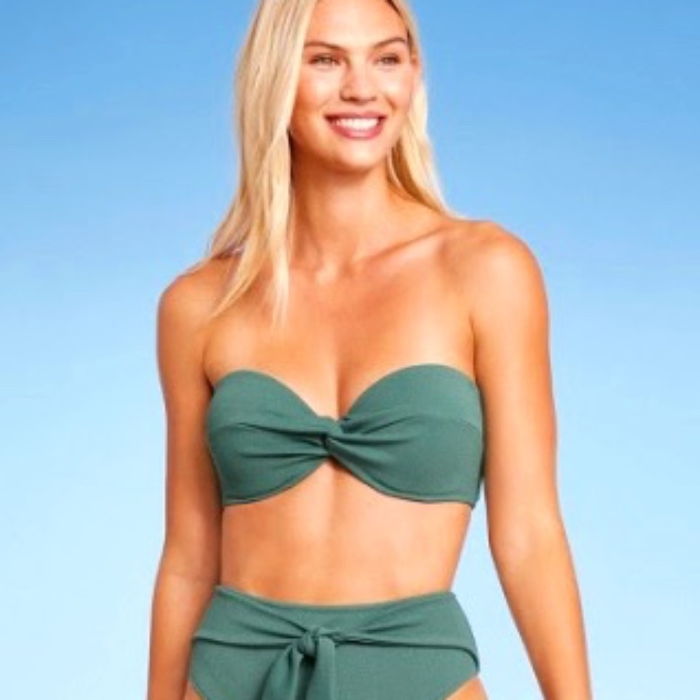 Shade & Shore Twist-Front Crepe Textured Bandeau Bikini Top - Cactus Greeen 36B
